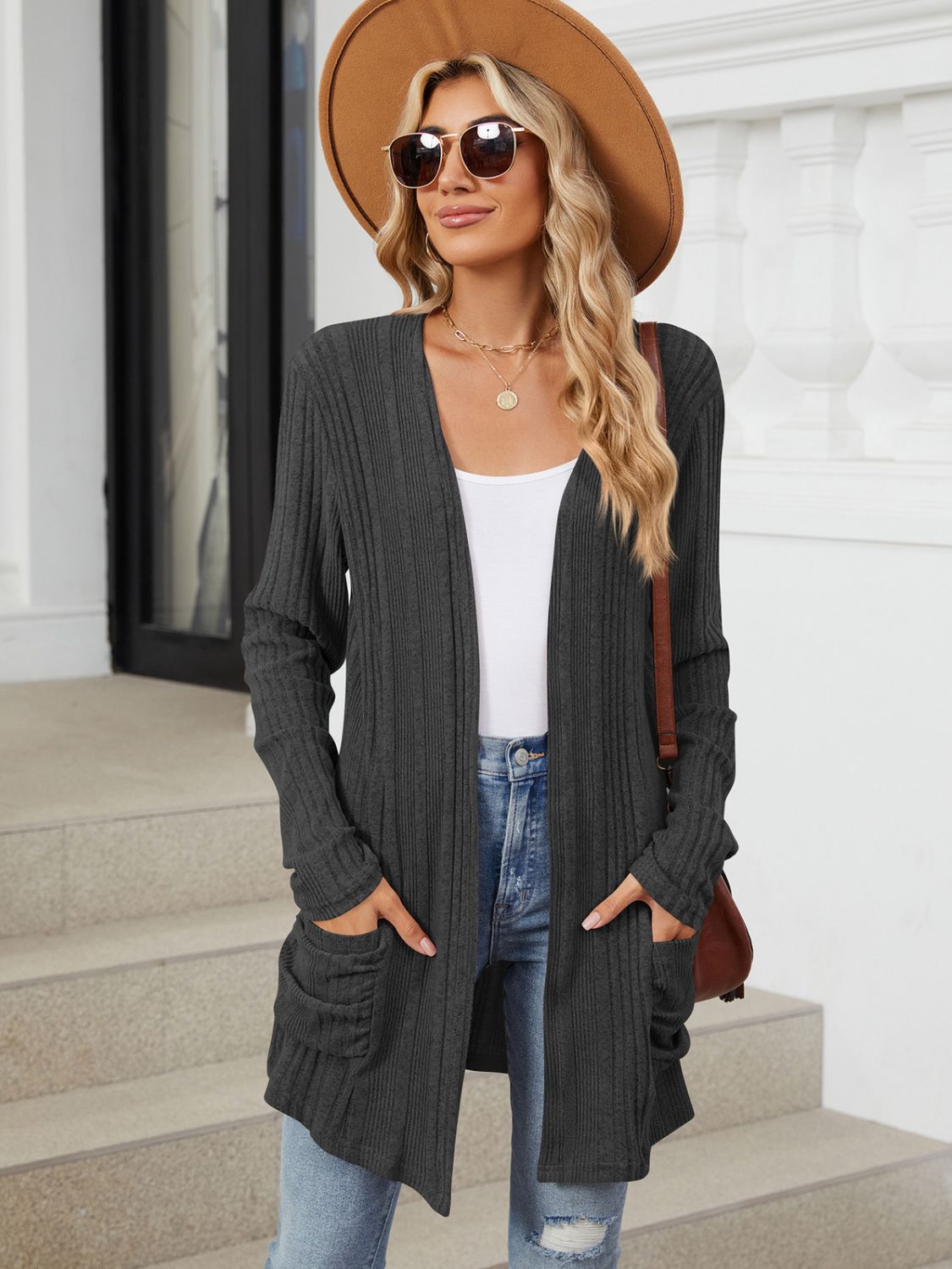 Pocketed Open Front Long Sleeve Cardigan