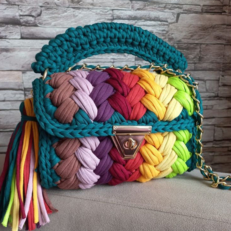 Women's Cotton Woven Fashion Colorblock Hand Crocheting Shoulder Bag