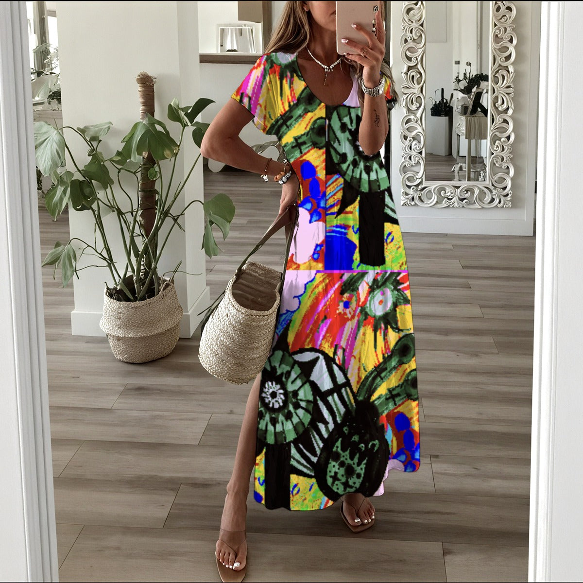 Loose V-Neck Maxi Dress with Pockets