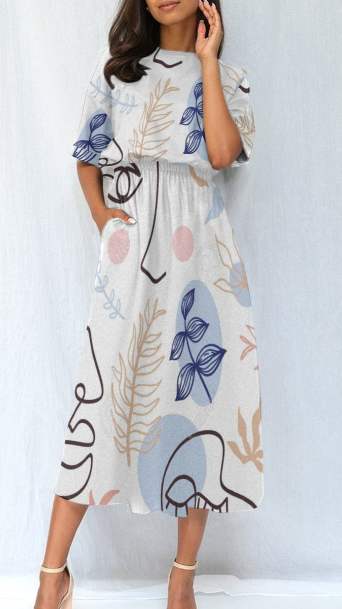 white dress with abstract floral patterns 