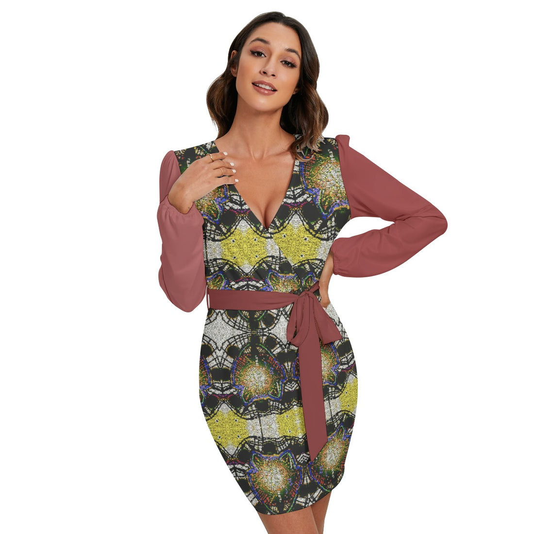 All-Over Print Women's Long Sleeve Dress With Waist Belt