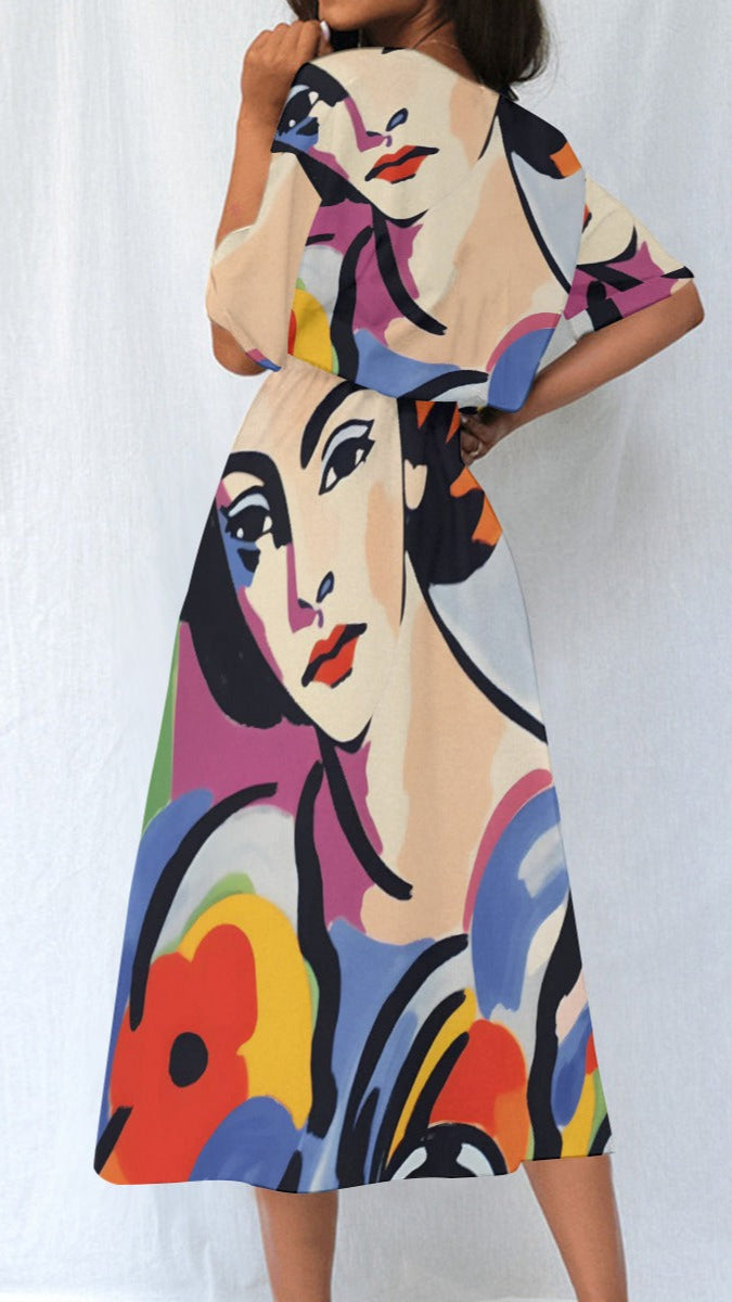 dress with artistic design of a woman's face and flowers