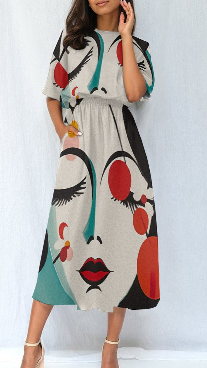 colorful dress with abstract face design 
