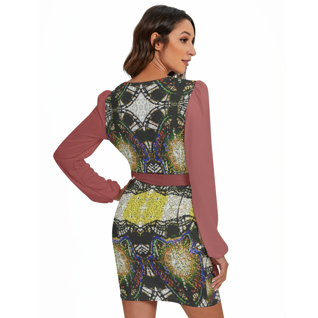 All-Over Print Women's Long Sleeve Dress With Waist Belt