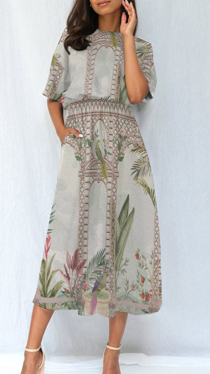 floral dress with architectural design