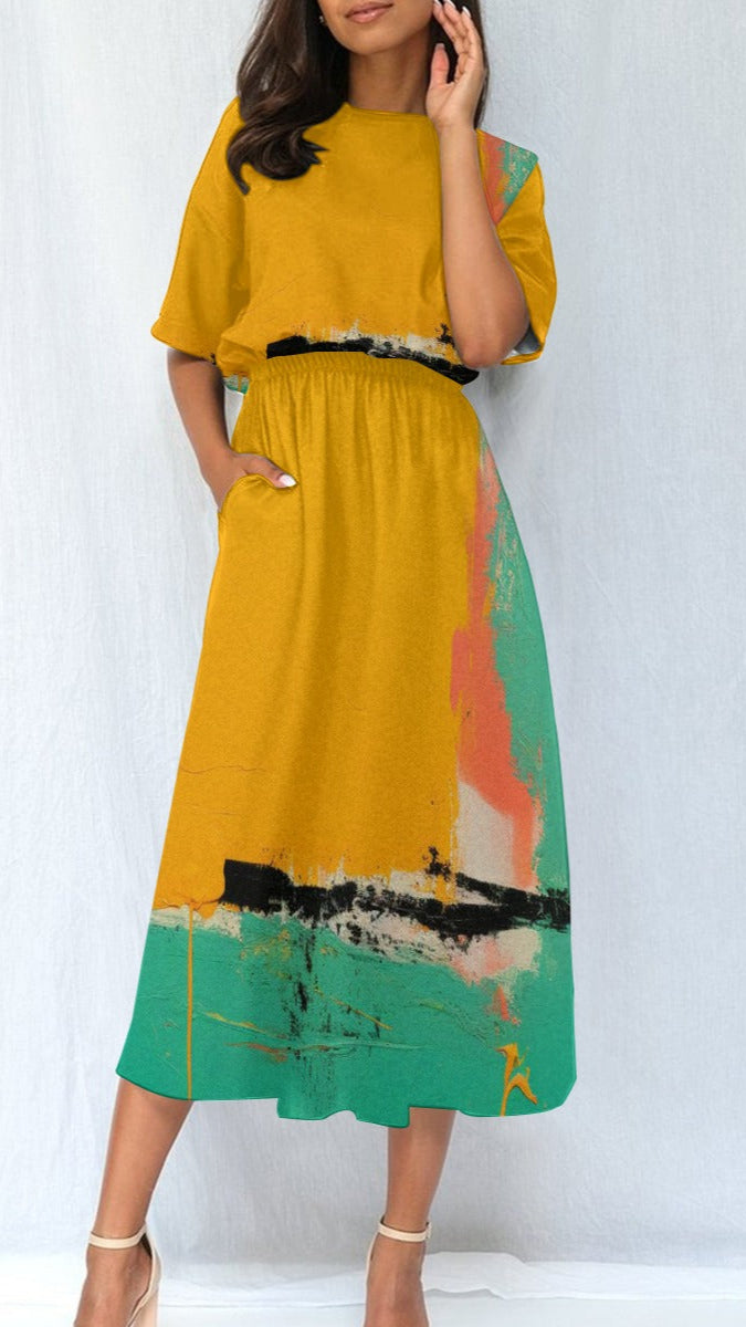 yellow and green dress with abstract patterns 