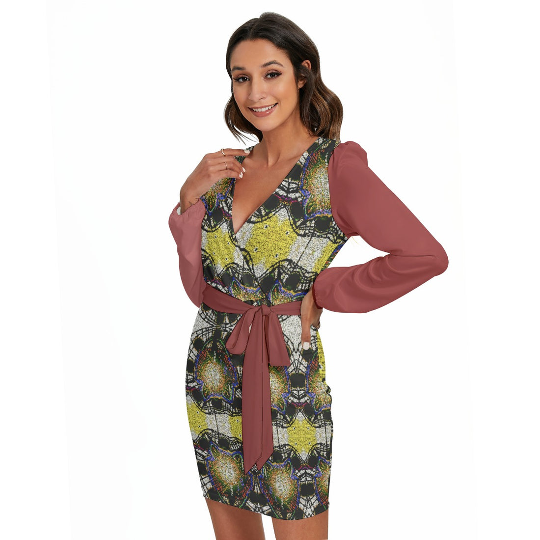 All-Over Print Women's Long Sleeve Dress With Waist Belt