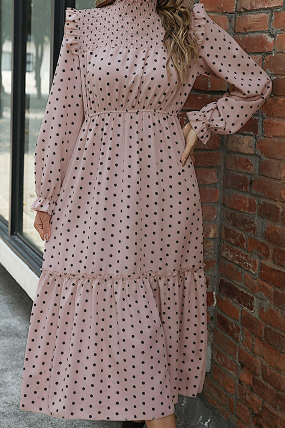 Perfee Polka Dot Smocked Frill Trim Dress