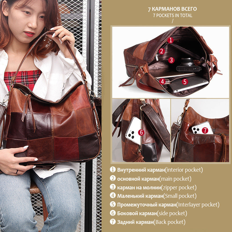 Retro Female Bag Leather Hit Color Top Layer Cowhide Handbag Color Stitching One-shoulder Messenger Bag Leisure