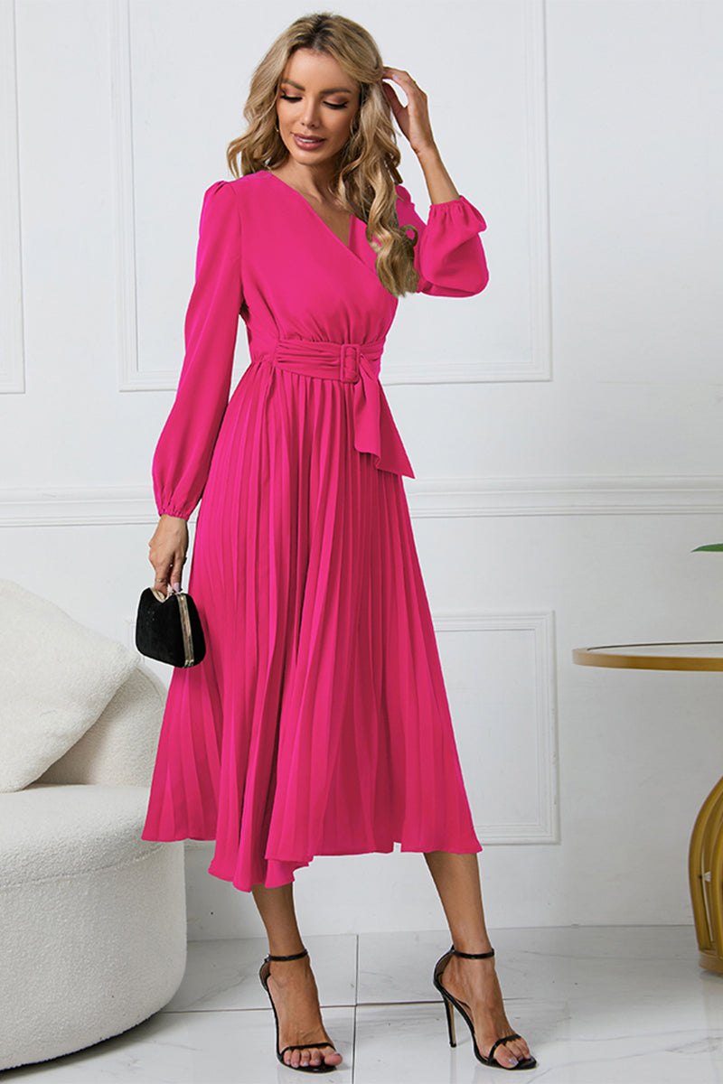 v-neck long sleeve tie waist midi dress