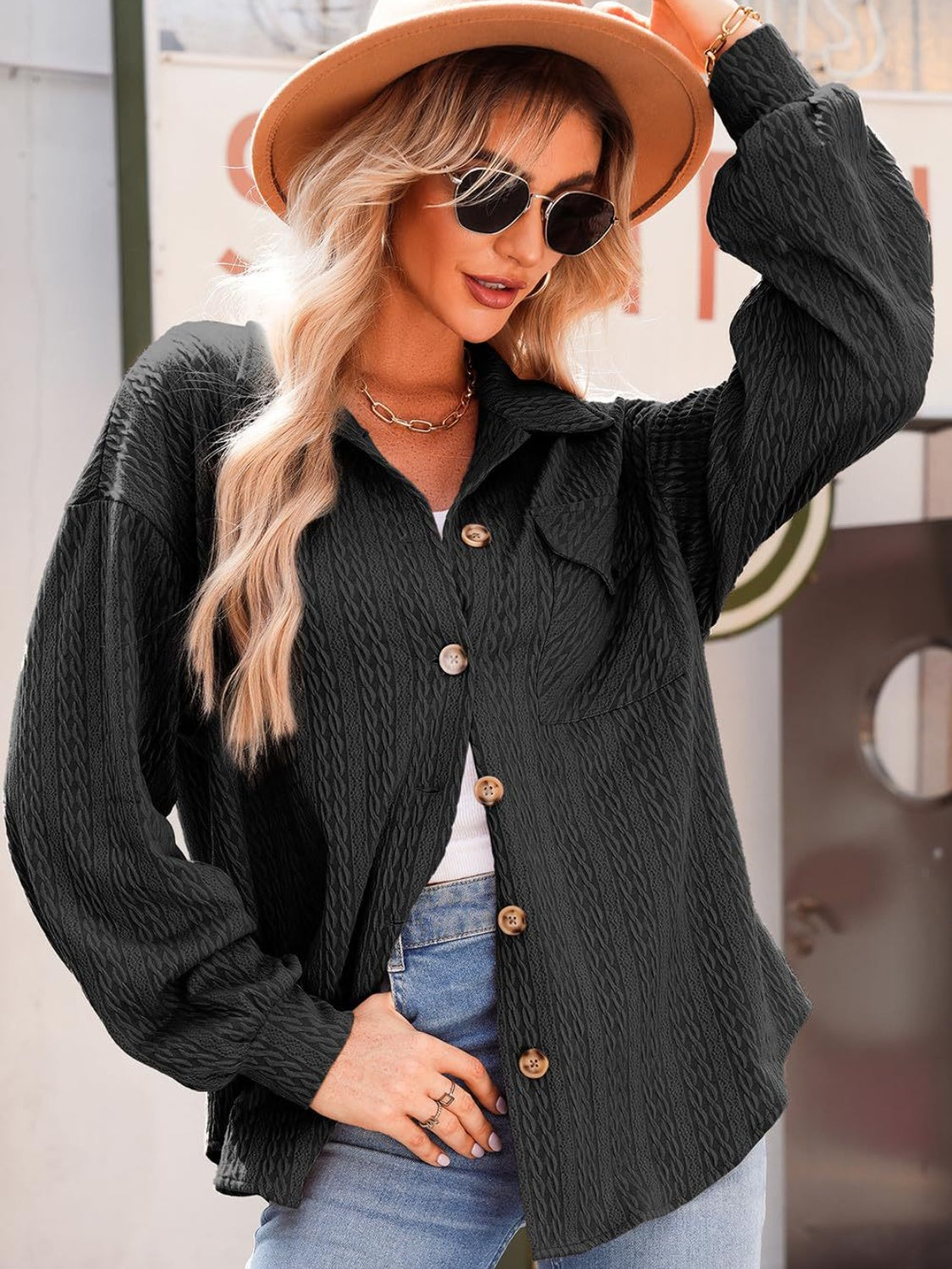 Textured Button Up Long Sleeve Shacket