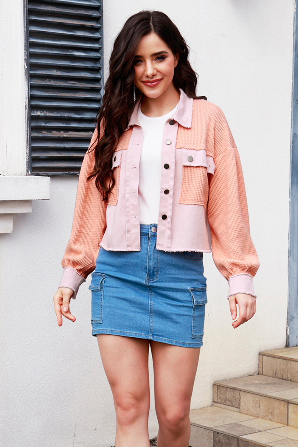 MeiMei Button Up Raw Hem Long Sleeve Jacket