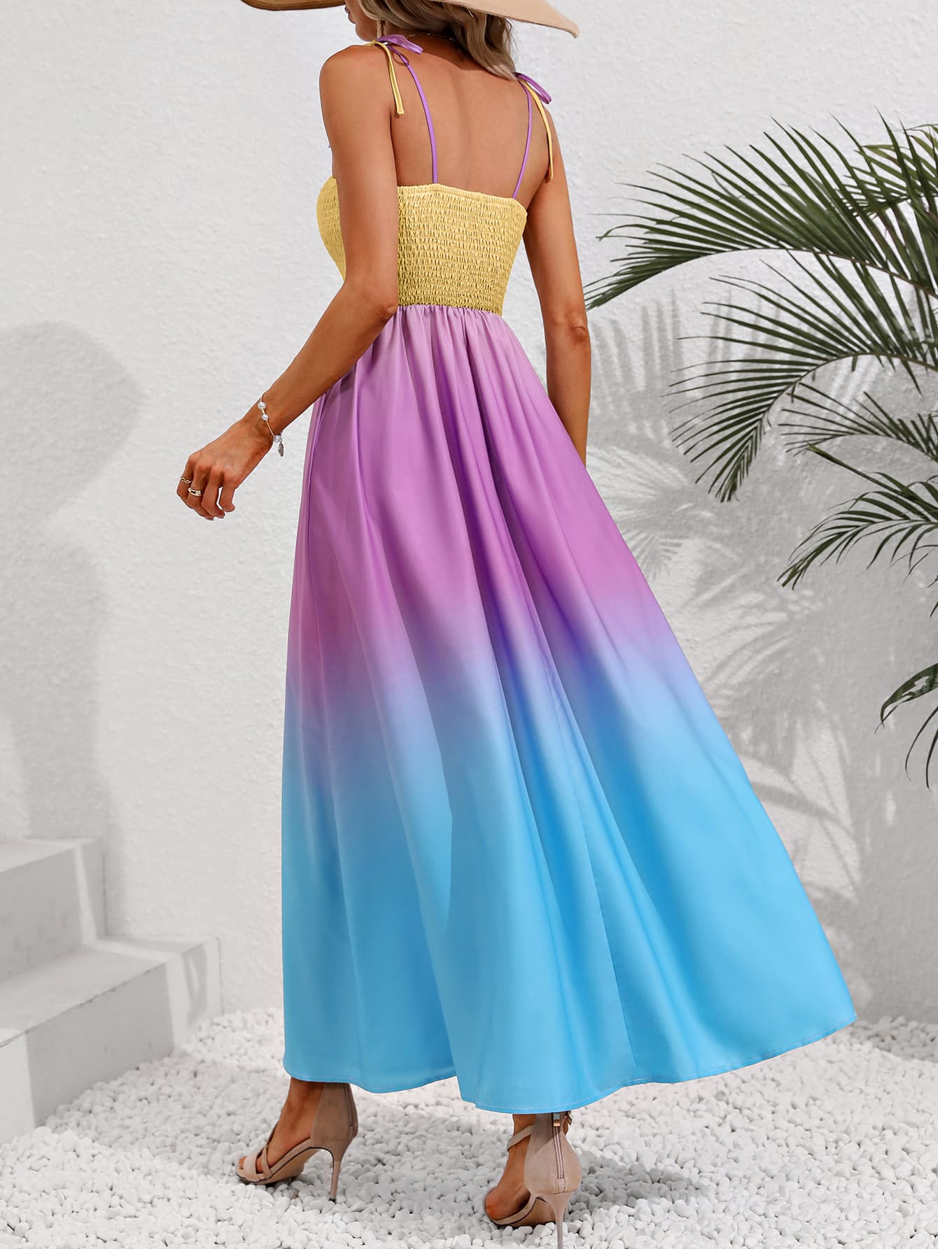 Honey Color Block Tie Shoulder Smocked Maxi Dress