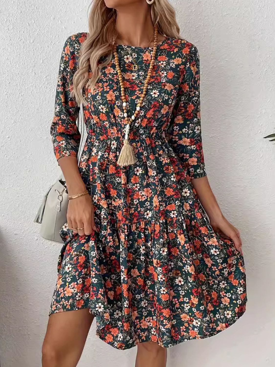 frill floral round neck dress