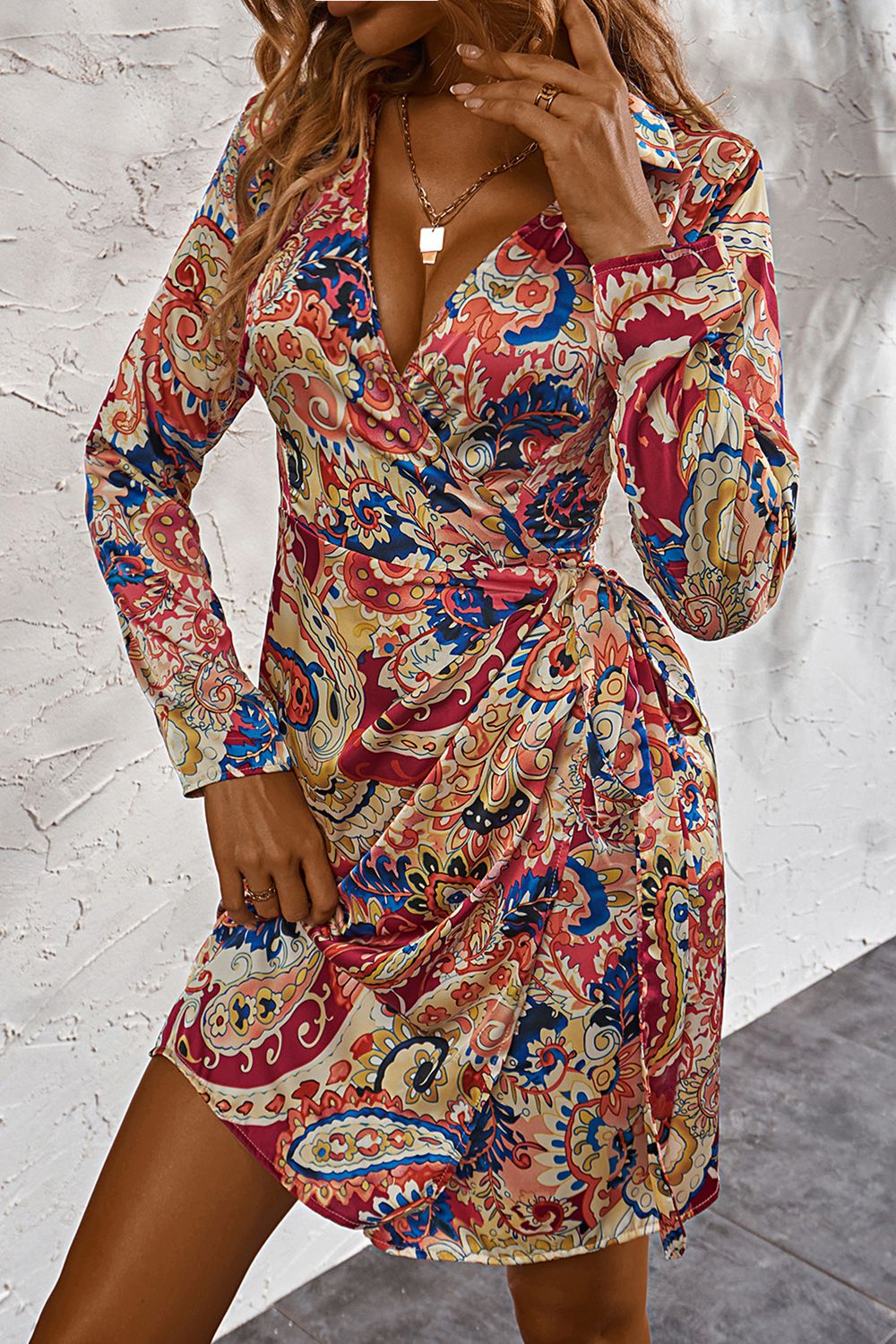 honey printed surplice neck long sleeve mini dress