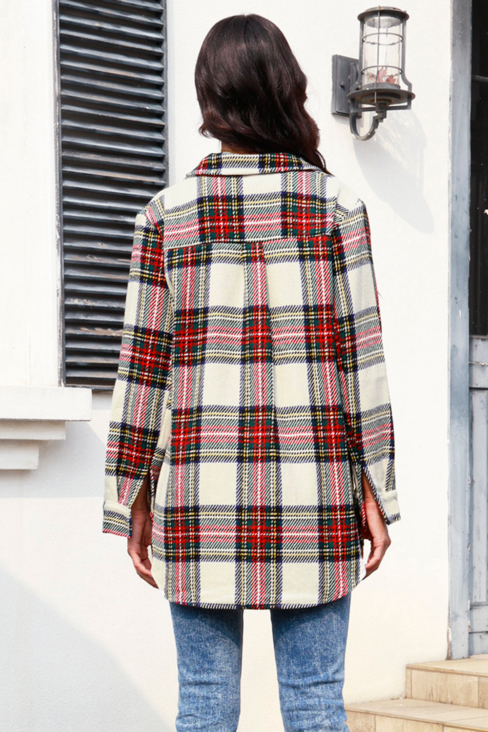 MeiMei Plaid Button Up Collared Neck Shacket