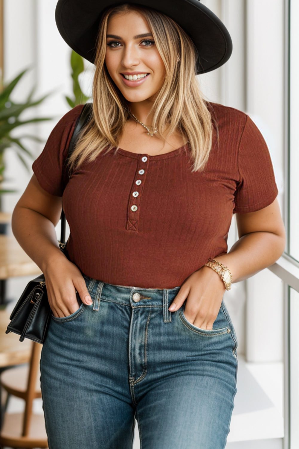 Plus Size Half Button Short Sleeve T-Shirt