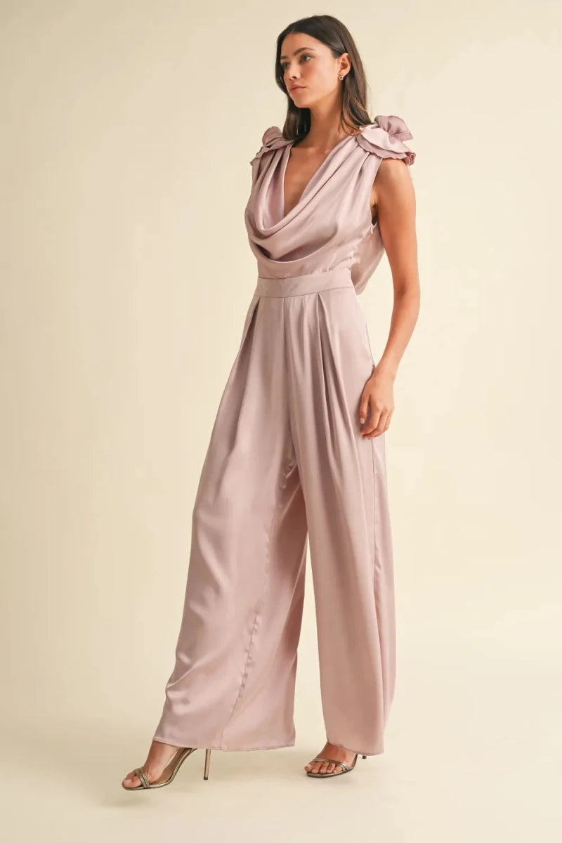 3D Floral Applique Cowl Neck Jumpsuit - 