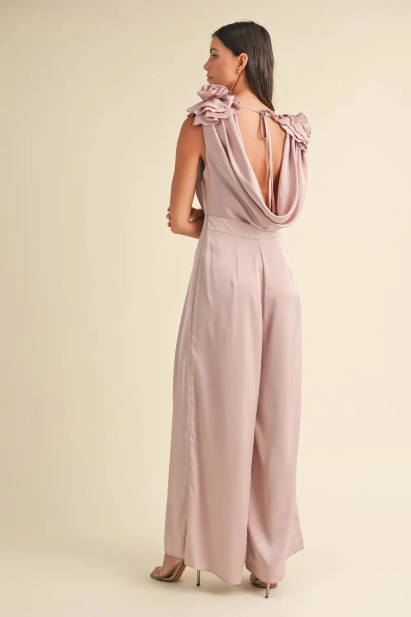 3D Floral Applique Cowl Neck Jumpsuit - 