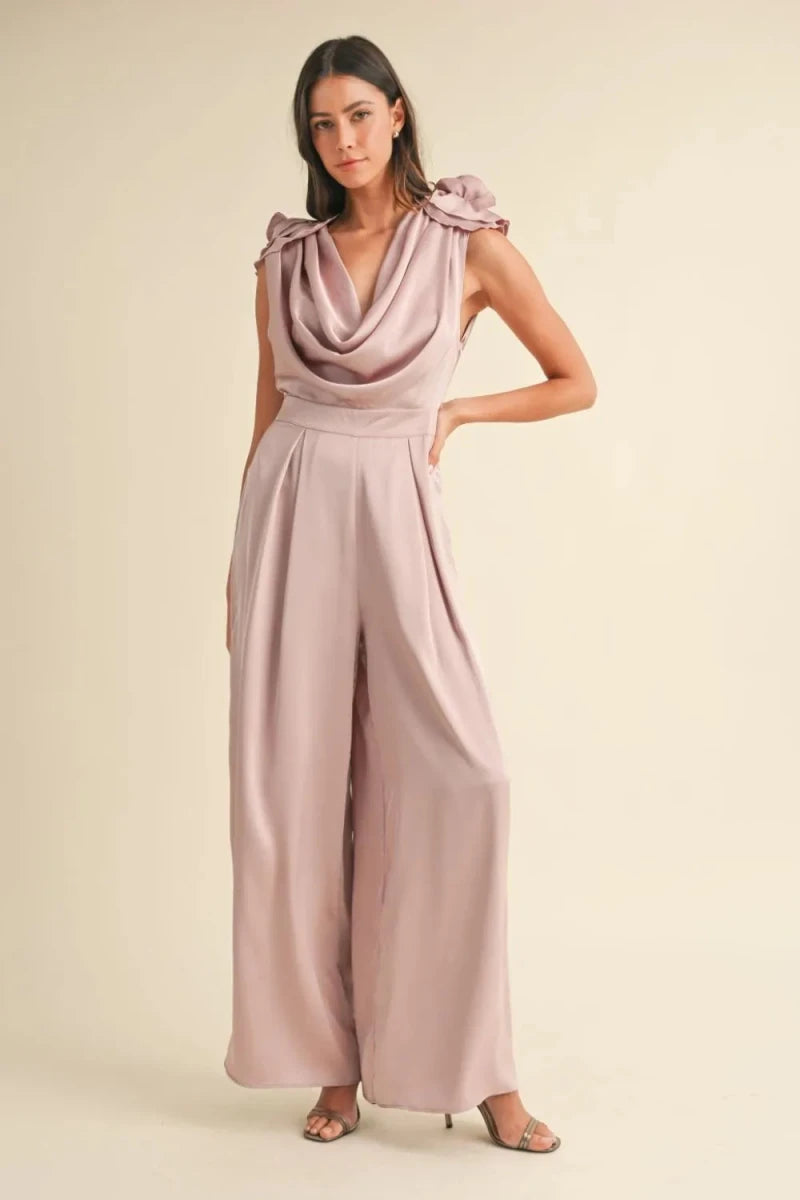 3D Floral Applique Cowl Neck Jumpsuit - 