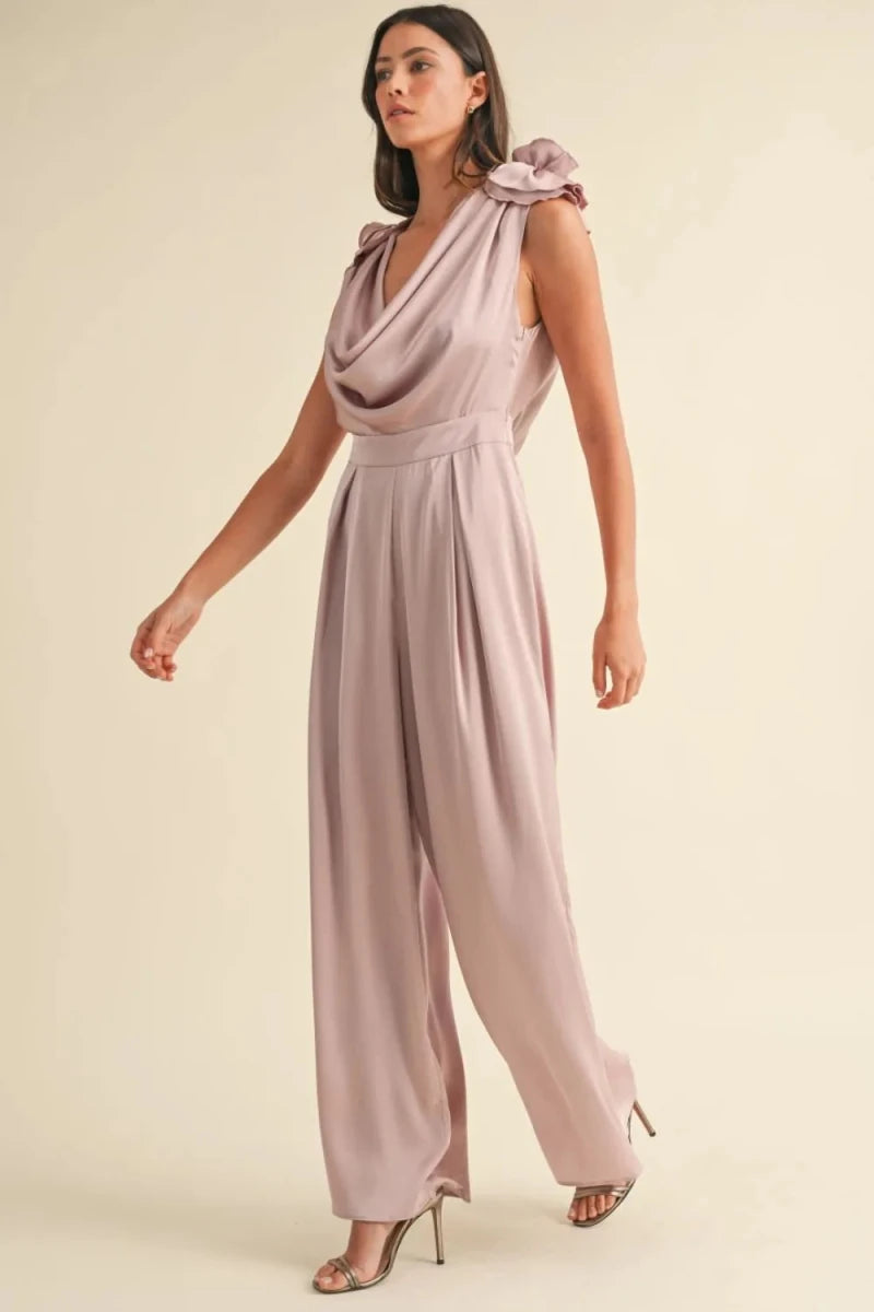 3D Floral Applique Cowl Neck Jumpsuit - 
