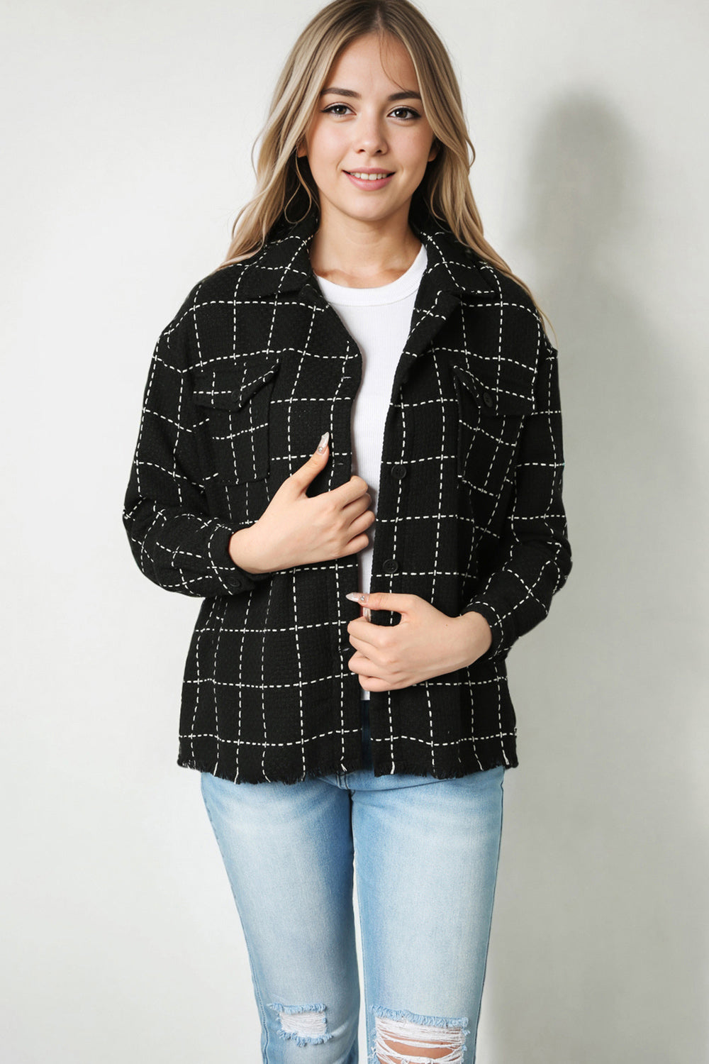 Plaid Raw Hem Jacket with Pockets