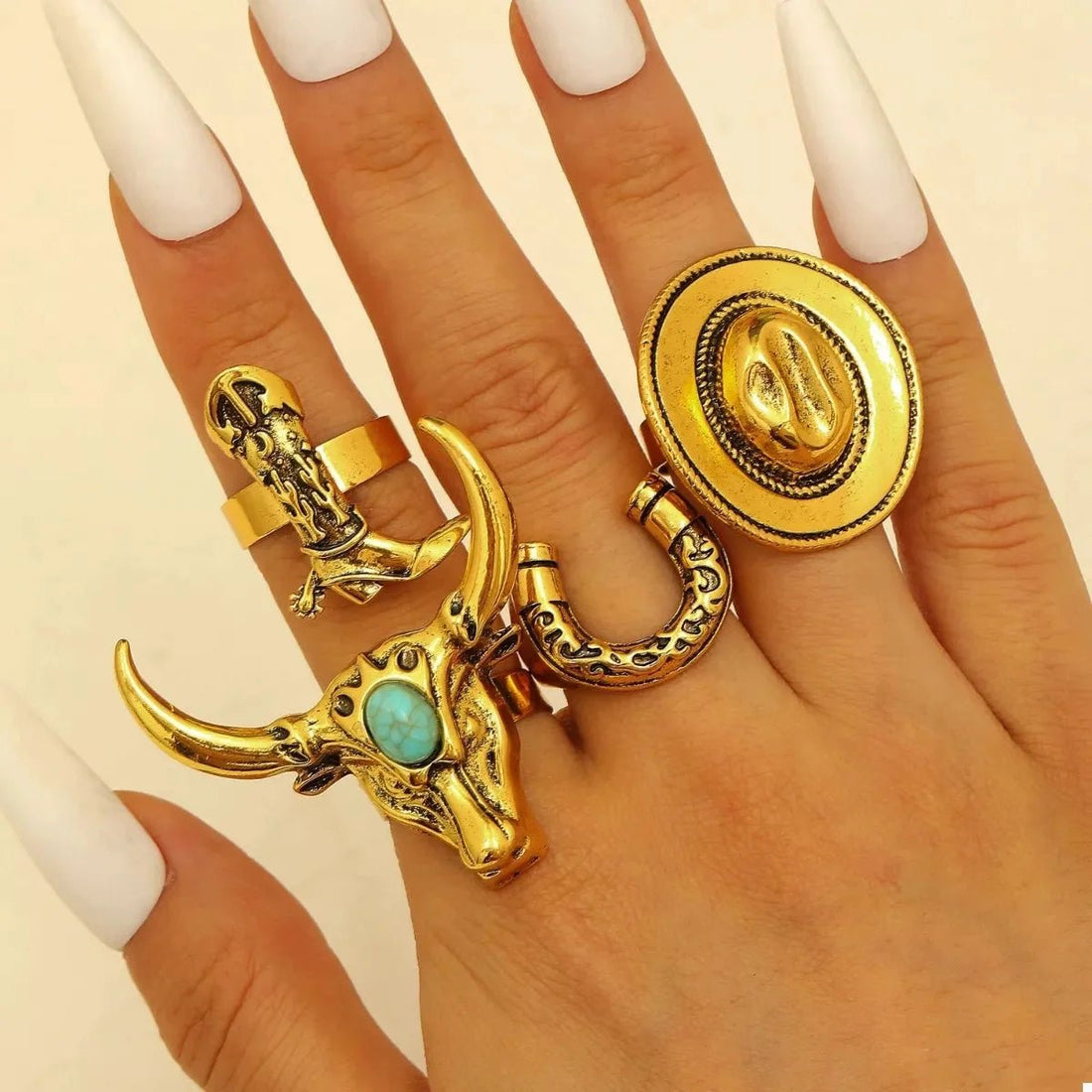 4 - Piece Vintage Bull Head Ring Set - 