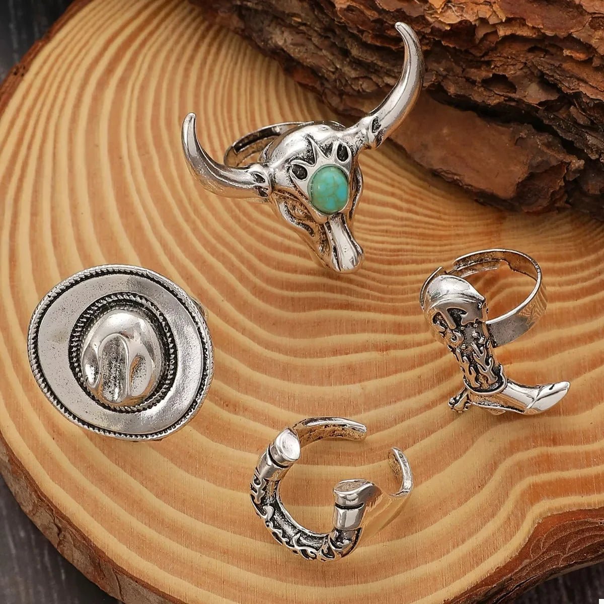 4 - Piece Vintage Bull Head Ring Set - 