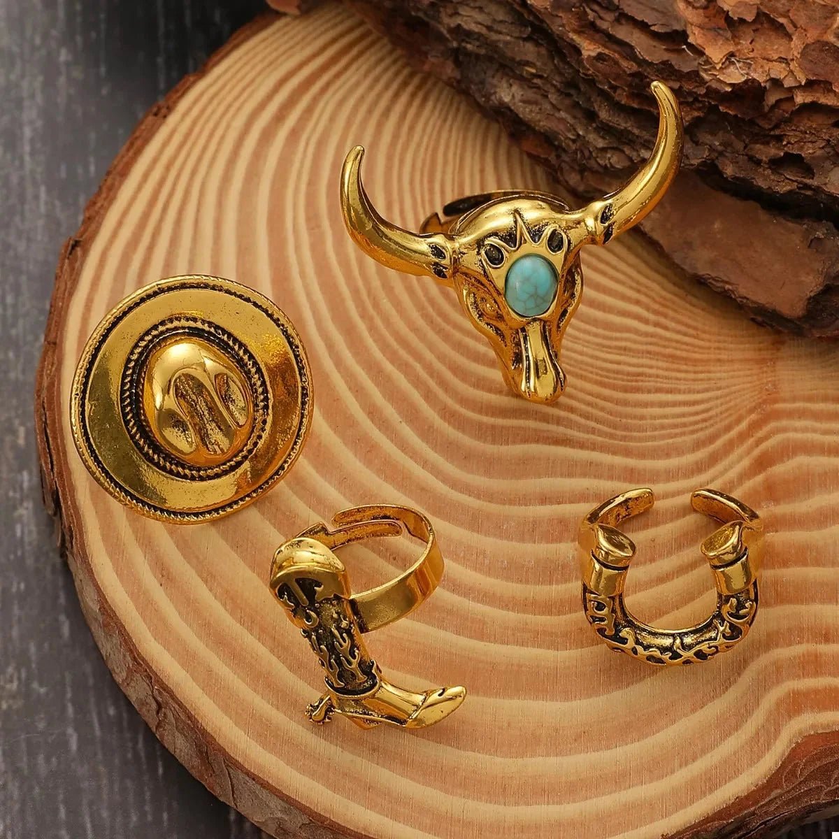 4 - Piece Vintage Bull Head Ring Set - 