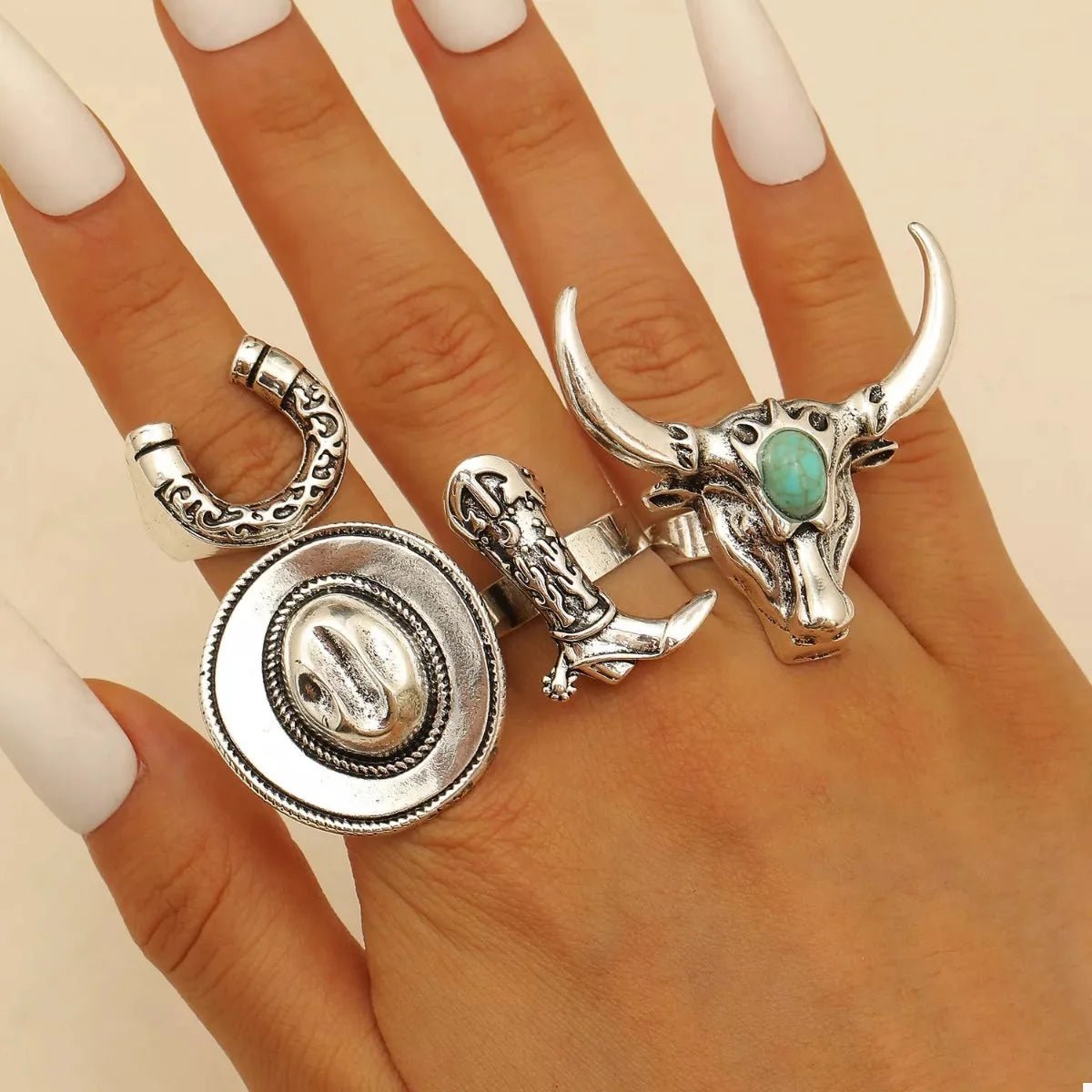 4 - Piece Vintage Bull Head Ring Set - 
