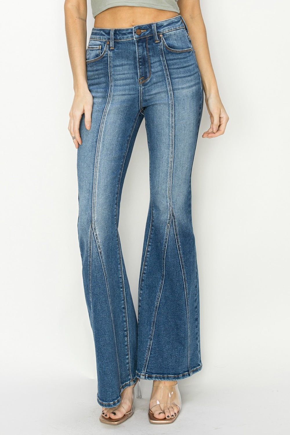 RISEN Full Size High Rise Front Seam Detailed Flare Jeans