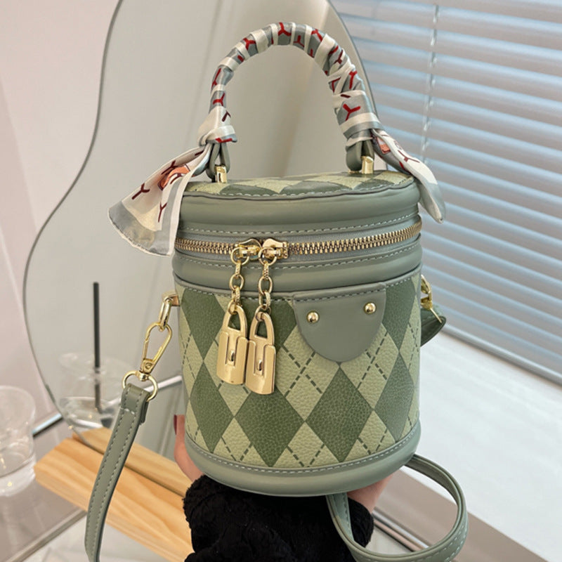 Round Bag Female Bag Ling Lattice Crossbody Bag Portable Bucket Bag Female