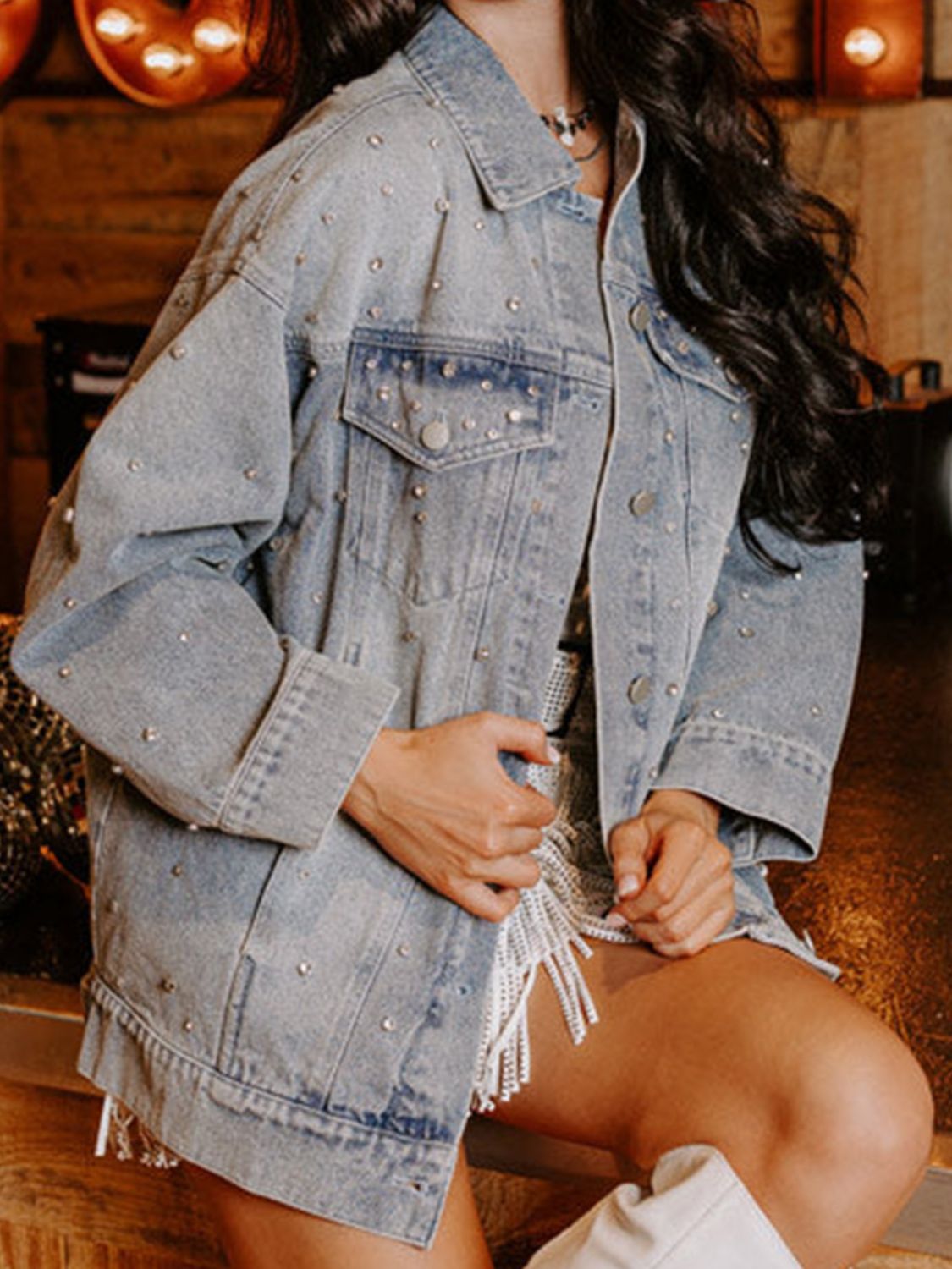 Rhinestone Detail Button Up Denim Jacket