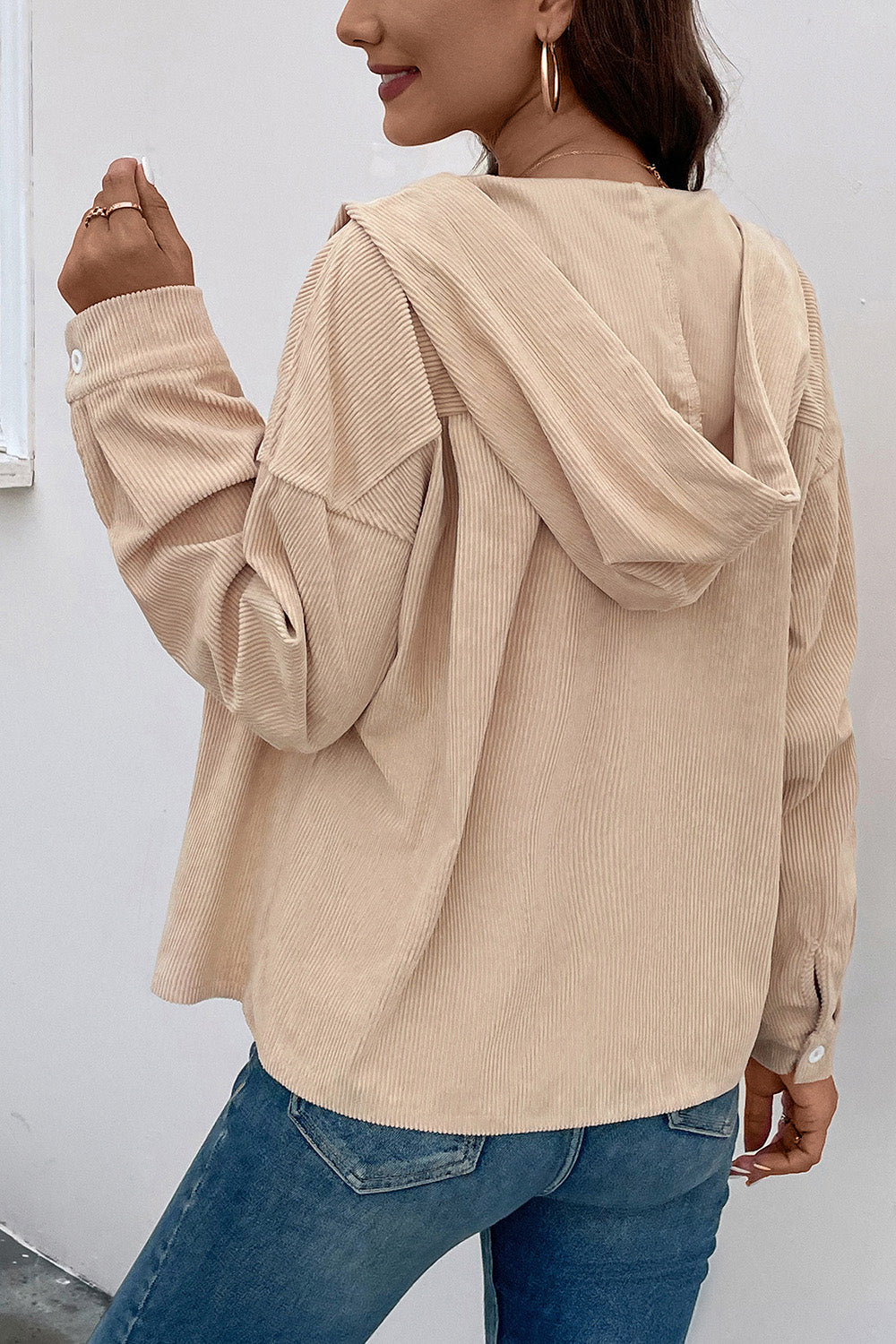 Perfee Ribbed Button Up Drawstring Hooded Jacket