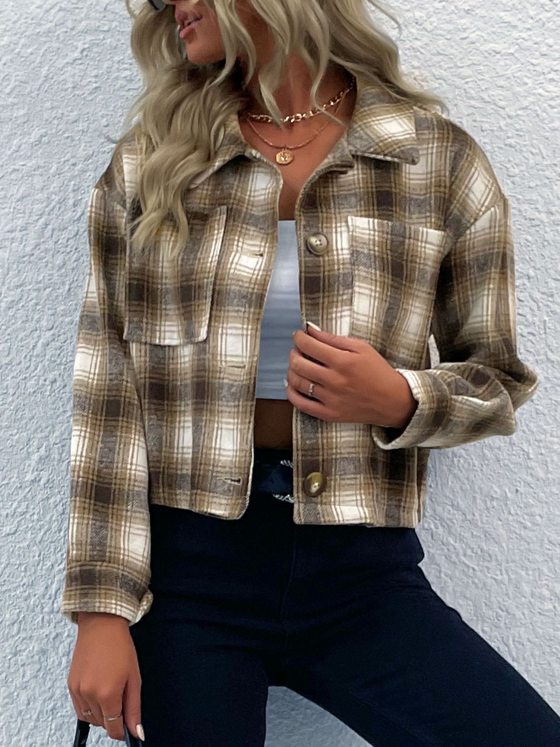 Perfee Plaid Button-Up Dropped Shoulder Shacket