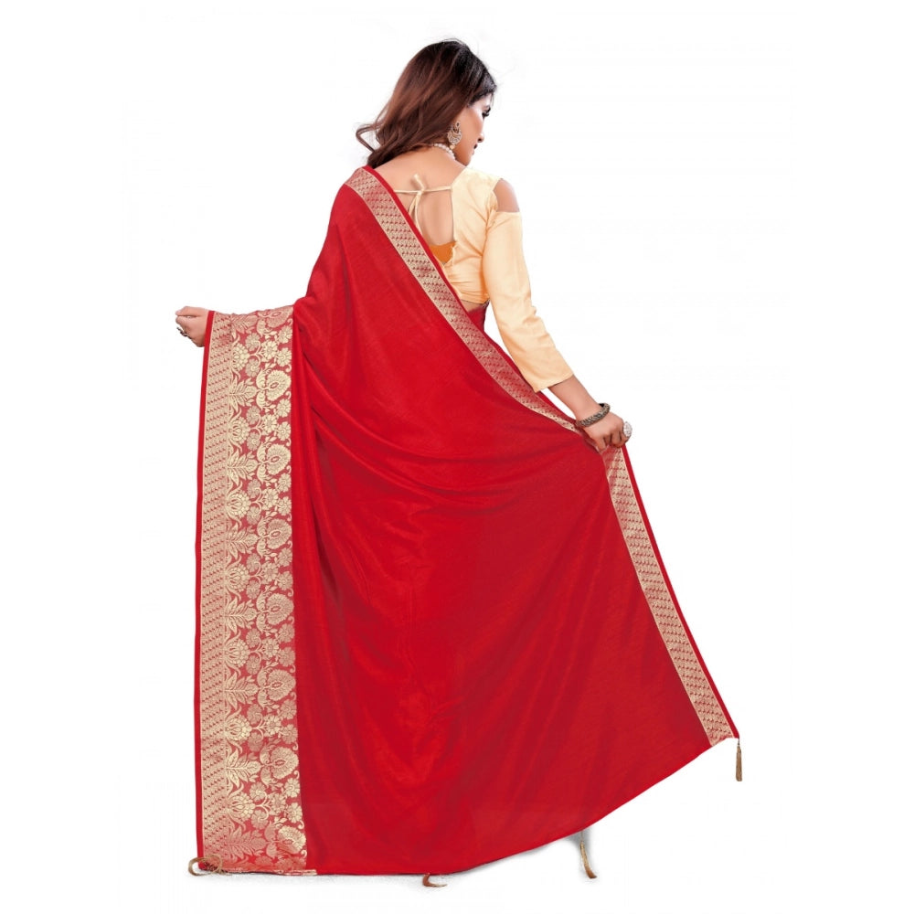 Generic Women's Vichitra Silk Saree With Blouse (Red, 5-6 Mtrs)