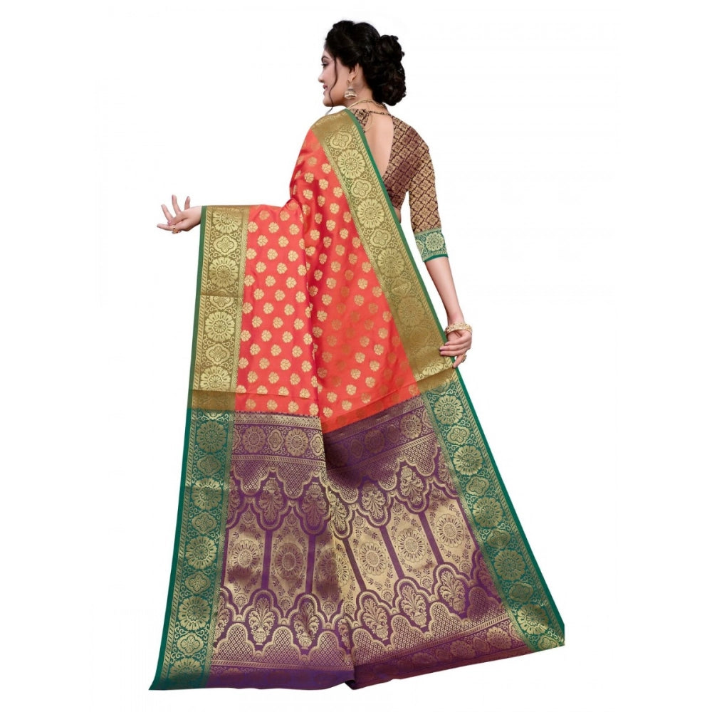 Generic Women's Sana Silk Jacquard Saree With Blouse (Orange, 5-6 Mtrs)