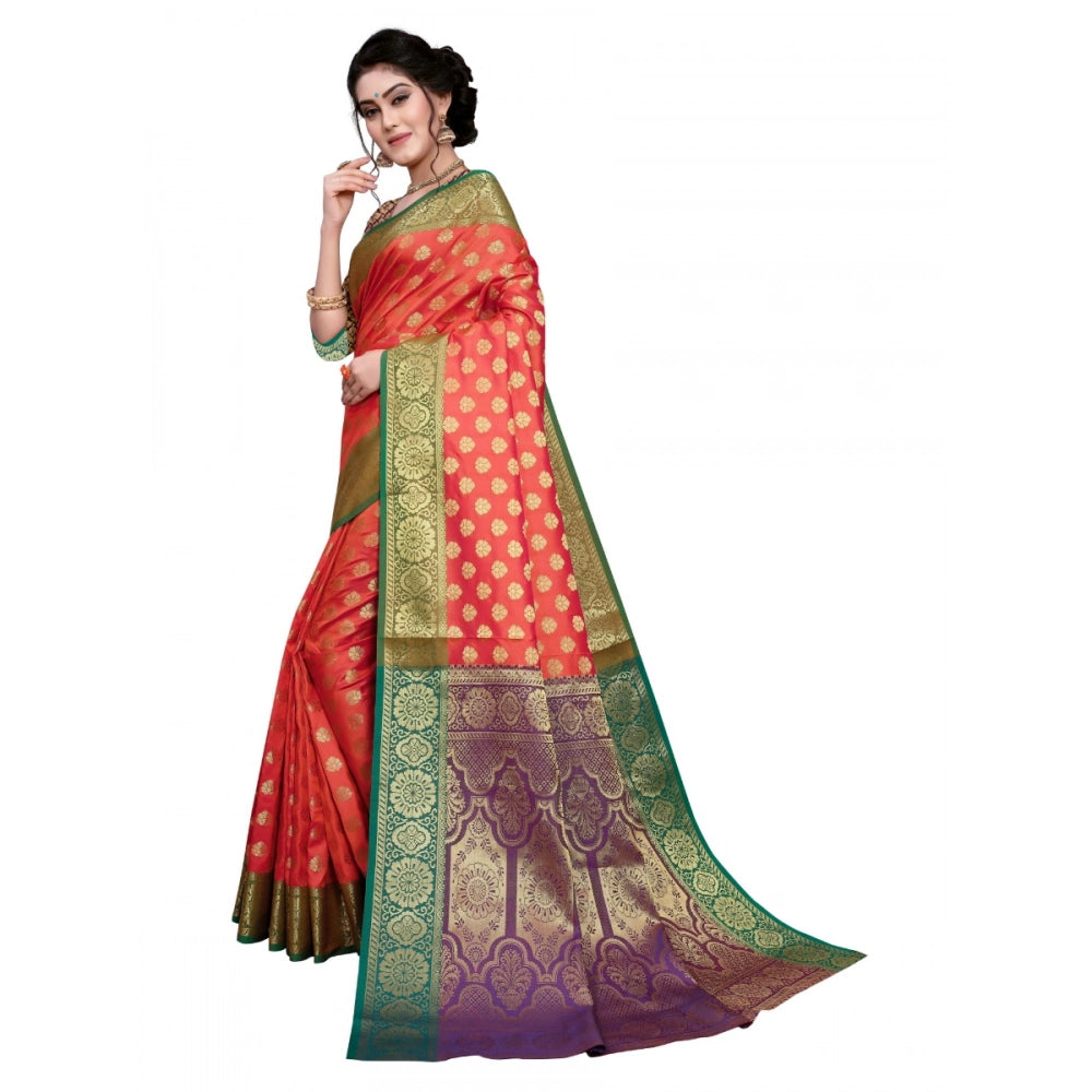 Generic Women's Sana Silk Jacquard Saree With Blouse (Orange, 5-6 Mtrs)