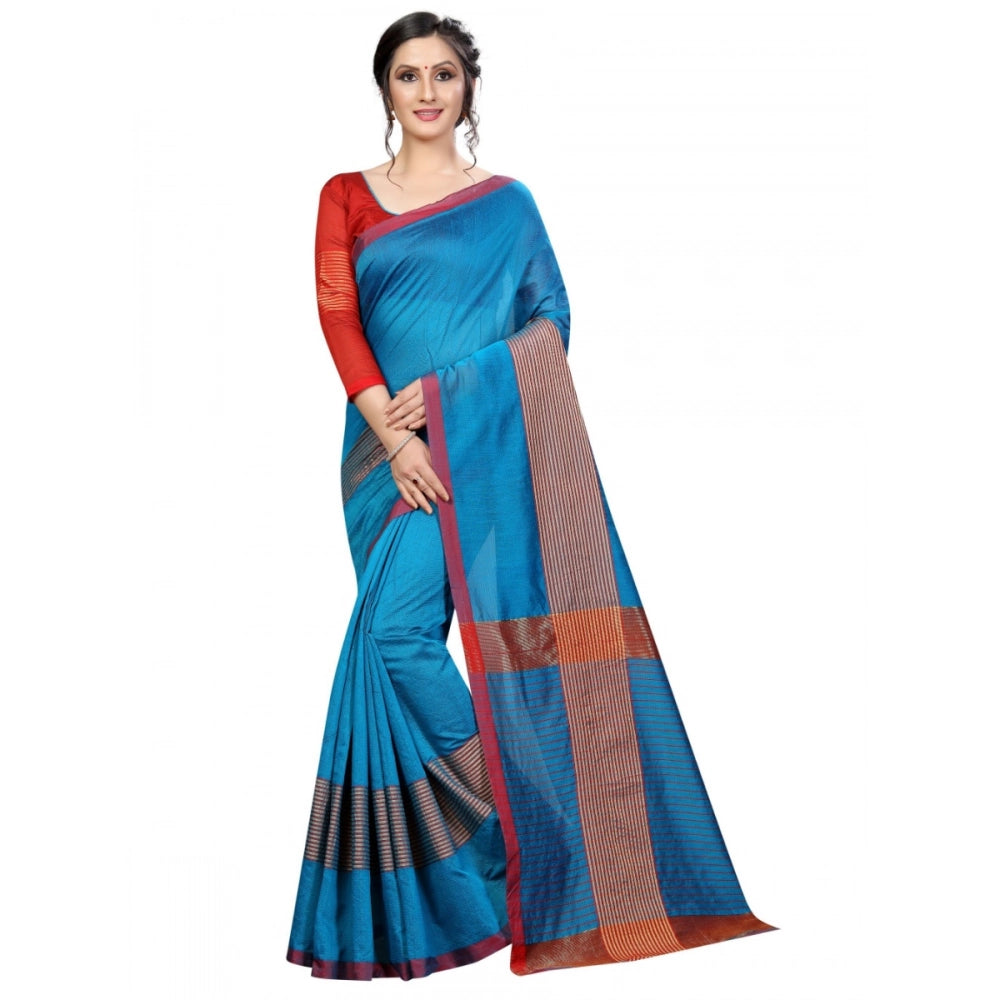 Generic Women's Cotton Saree With Blouse (Sky Blue, 5-6 Mtrs)