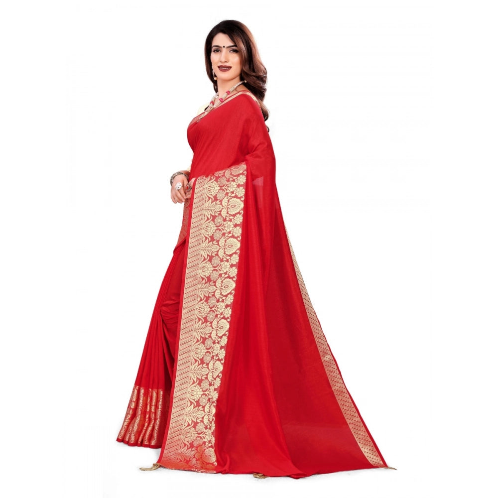 Generic Women's Vichitra Silk Saree With Blouse (Red, 5-6 Mtrs)