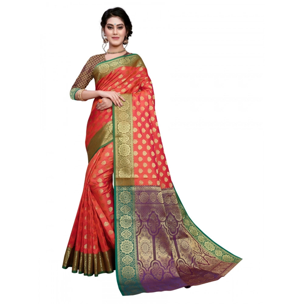 Generic Women's Sana Silk Jacquard Saree With Blouse (Orange, 5-6 Mtrs)