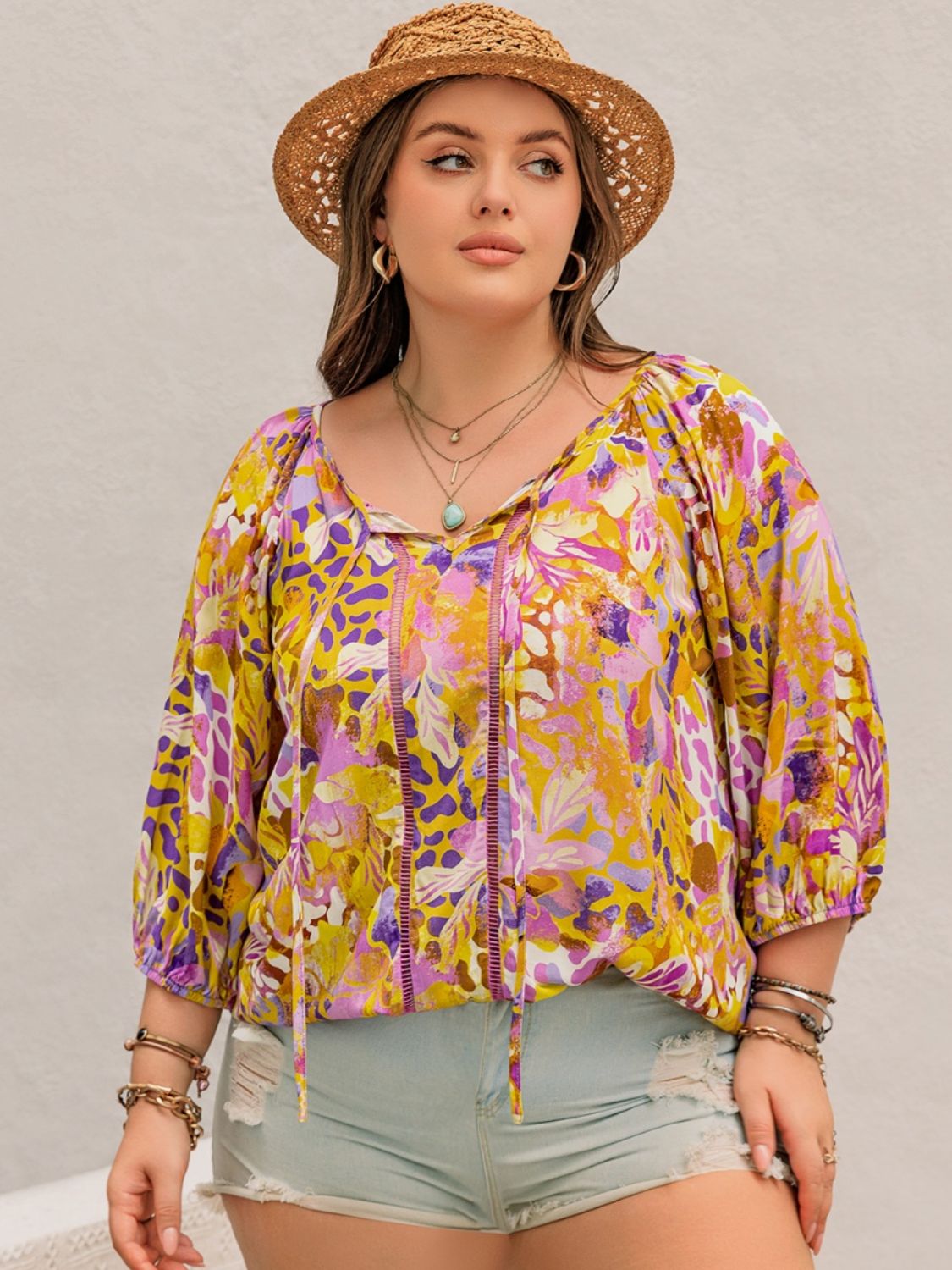 Plus Size Printed Tie Neck Blouse