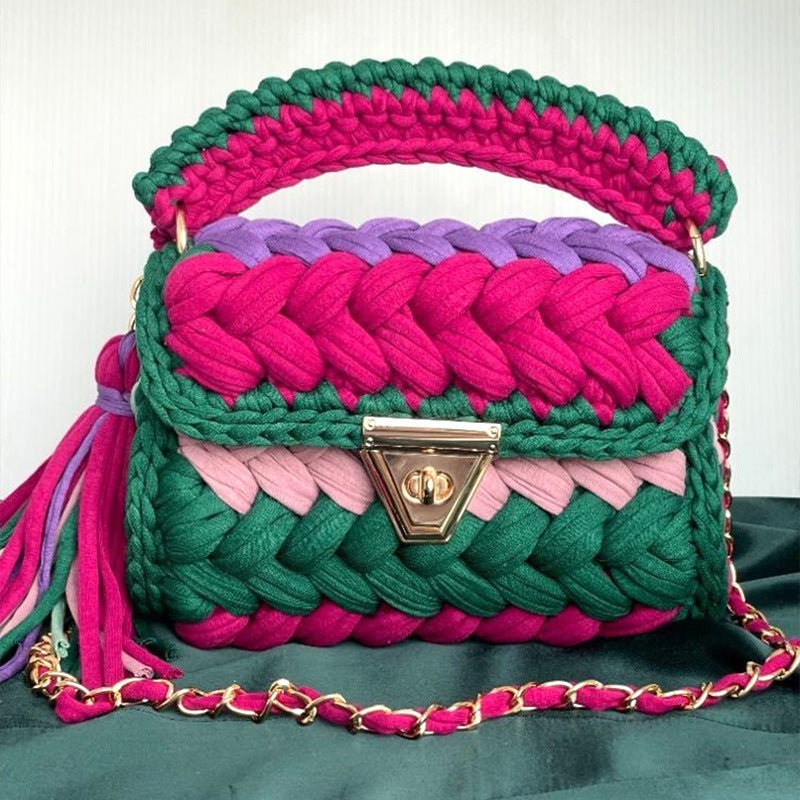 Women's Cotton Woven Fashion Colorblock Hand Crocheting Shoulder Bag