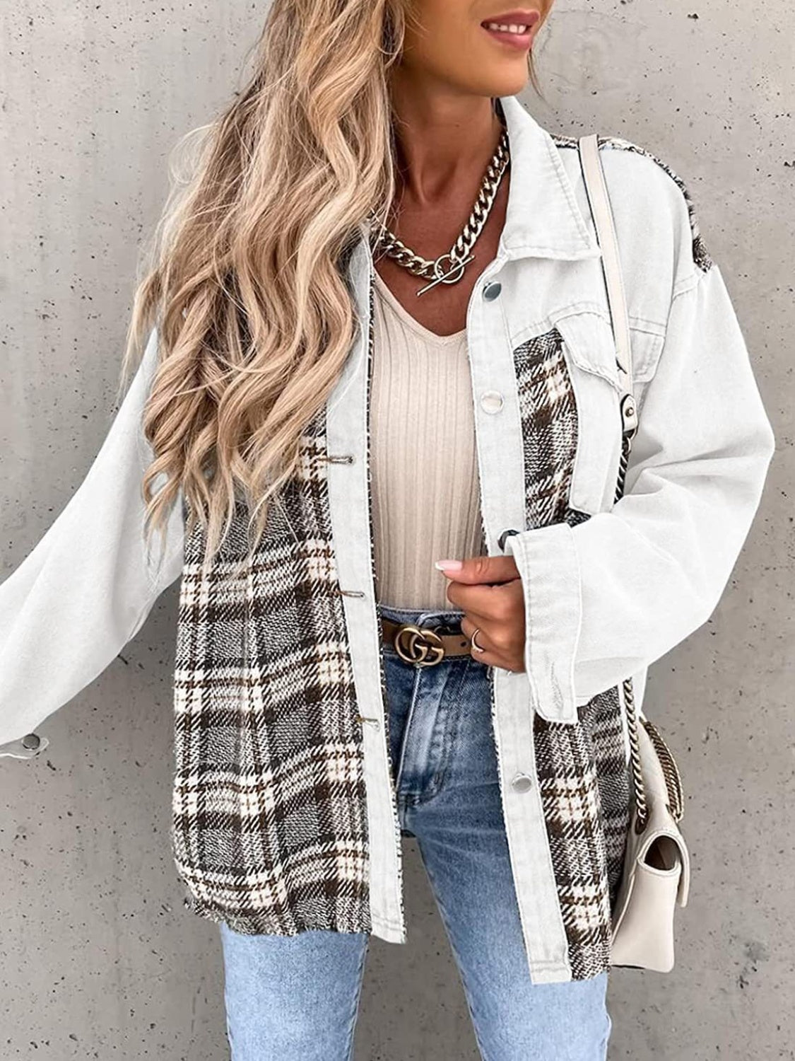 Plaid Button Up Dropped Shoulder Jacket