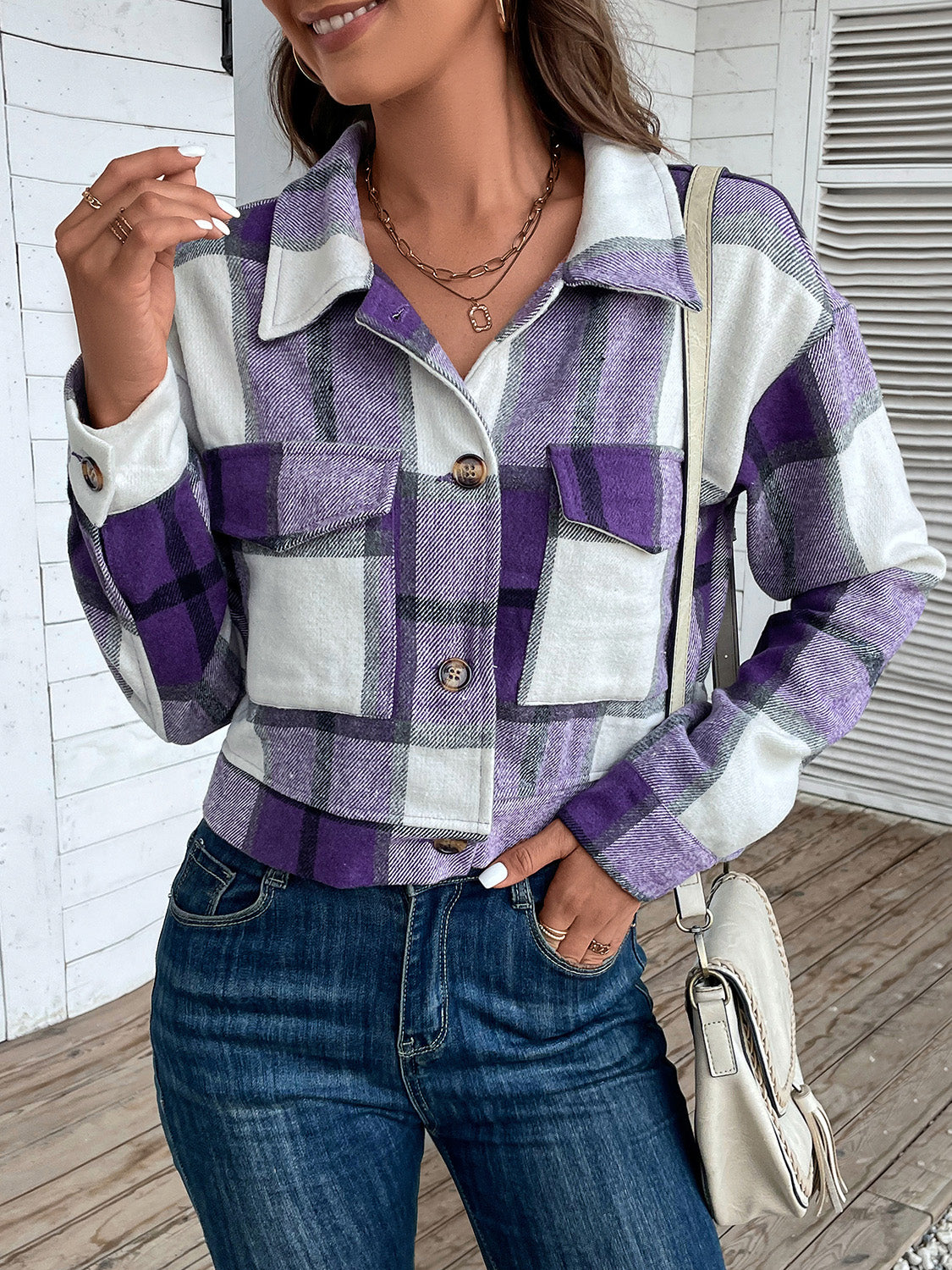 Perfee Plaid Button Up Drop Shoulder Cropped Jacket