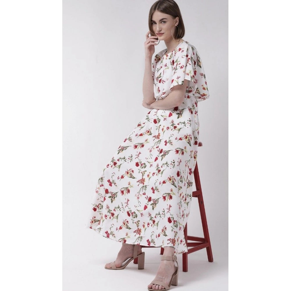 Generic Women's Crepe Floral Half Sleeves Full Length Gown(White)