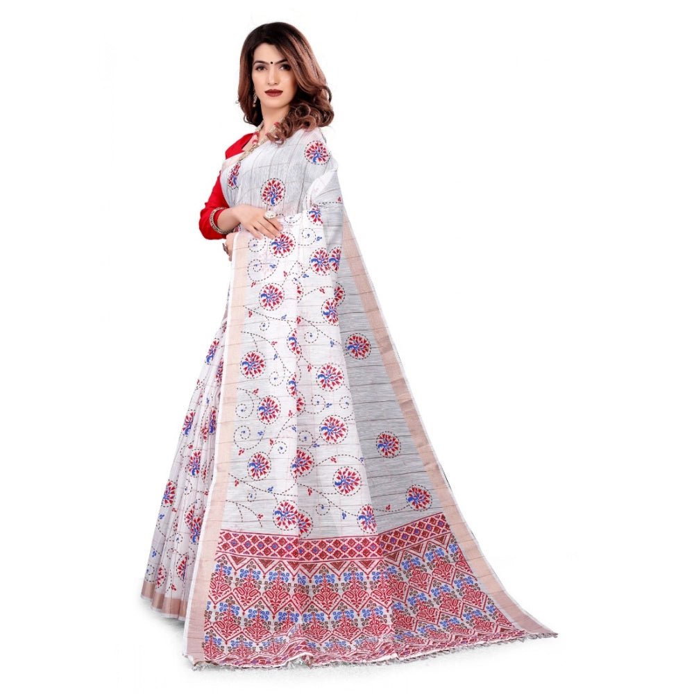 Generic Women's Cotton Blend Saree(White ,5-6Mtrs)