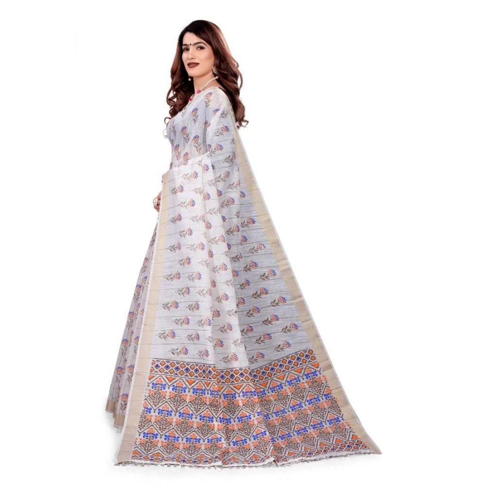 Generic Women's Cotton Blend Saree(White ,5-6Mtrs)