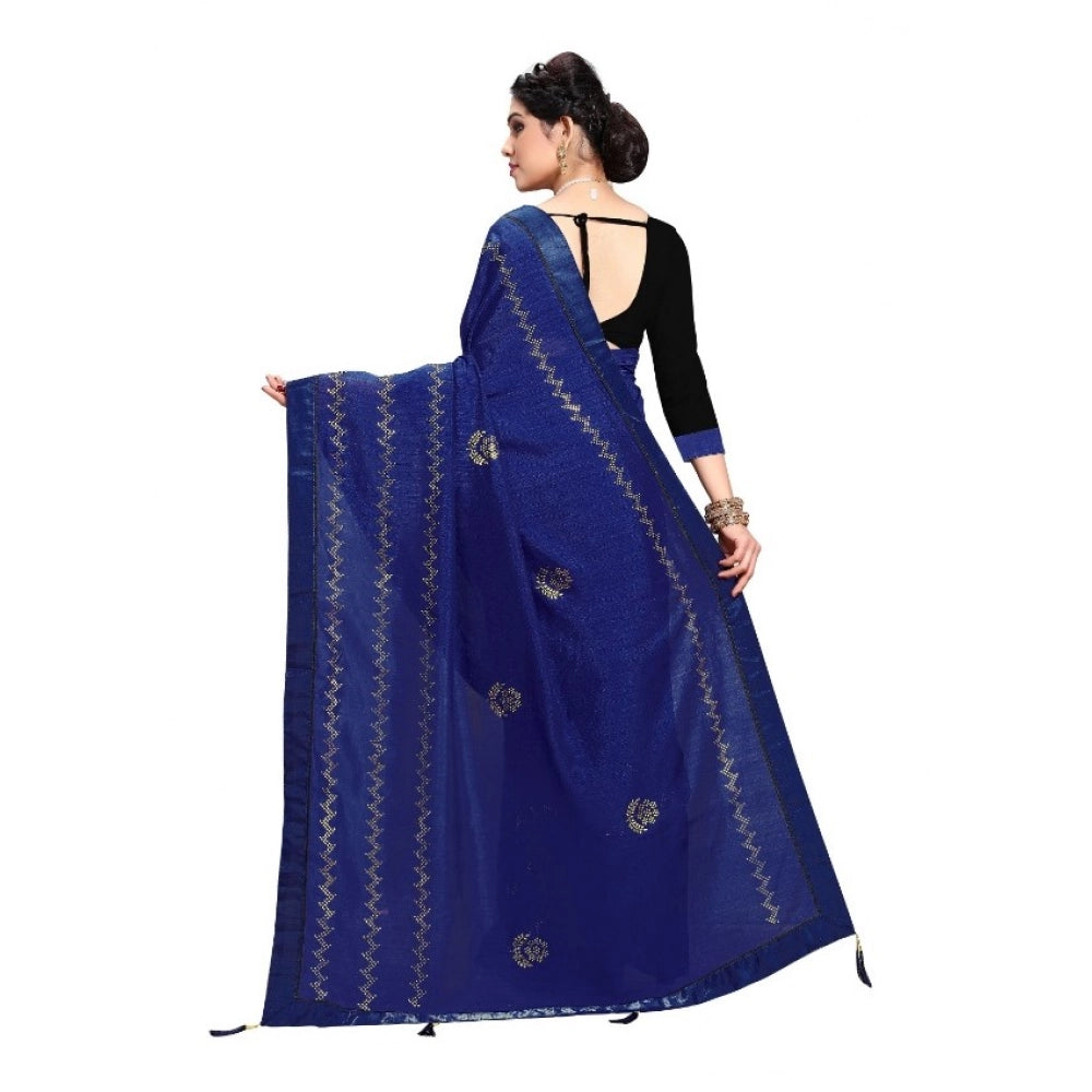 Generic Women's Vichitra Silk HotFix Stone Work Saree With Blouse (Blue, 5-6 Mtrs)