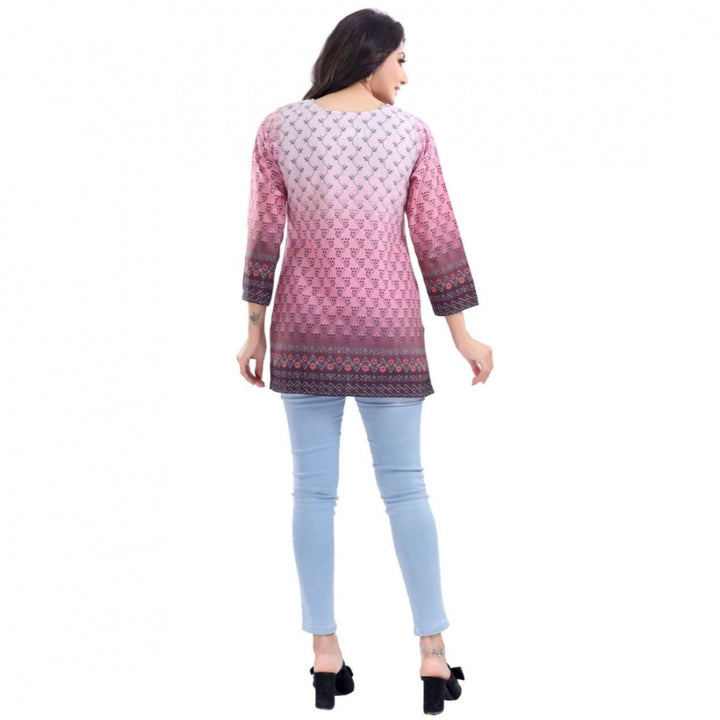 Generic Women's Quarter Sleeve Faux Crepe Printed Short Kurti Tunic Top (Color:Pink)